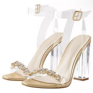 Only maker Women’s Rhinestone Strappy Buckle PVC Clear High Heels Chunky